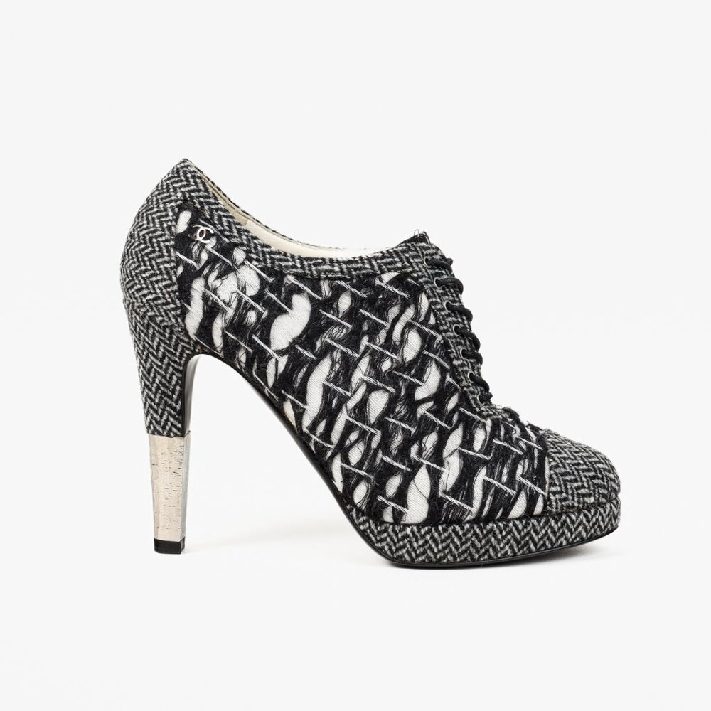 Chanel G27462 Wool Tweed Lace Up Silver Heel Booties